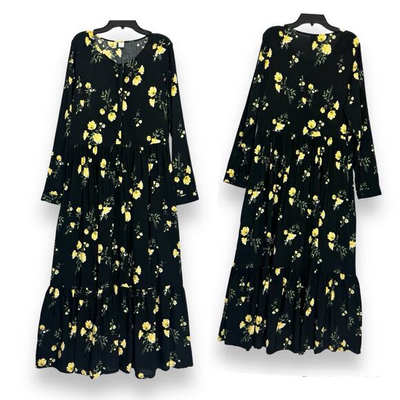 Old Navy Tiered Floral Maxi Dress M Black Pockets Prairie Dark Cottagecore Boho - Picture 8 of 15
